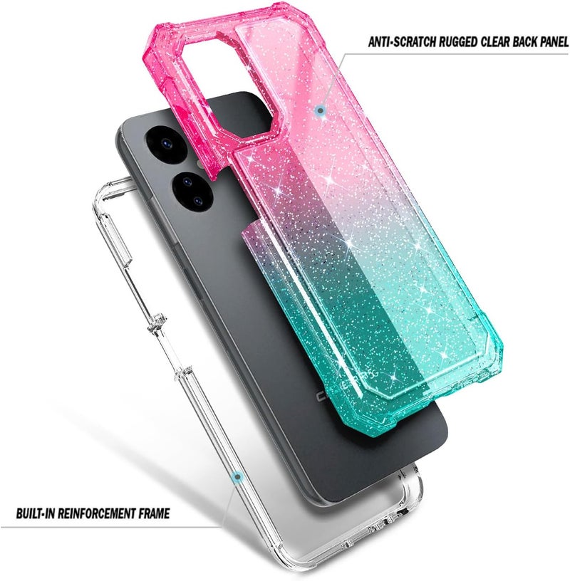 WDHD Designed for Boost Mobile Celero 5G 2024 Case with [Built-in Screen Protector], Full-Body Protective Shockproof Rugged Bumper Cover Case (Glitter Pink/Aqua) - Image 3